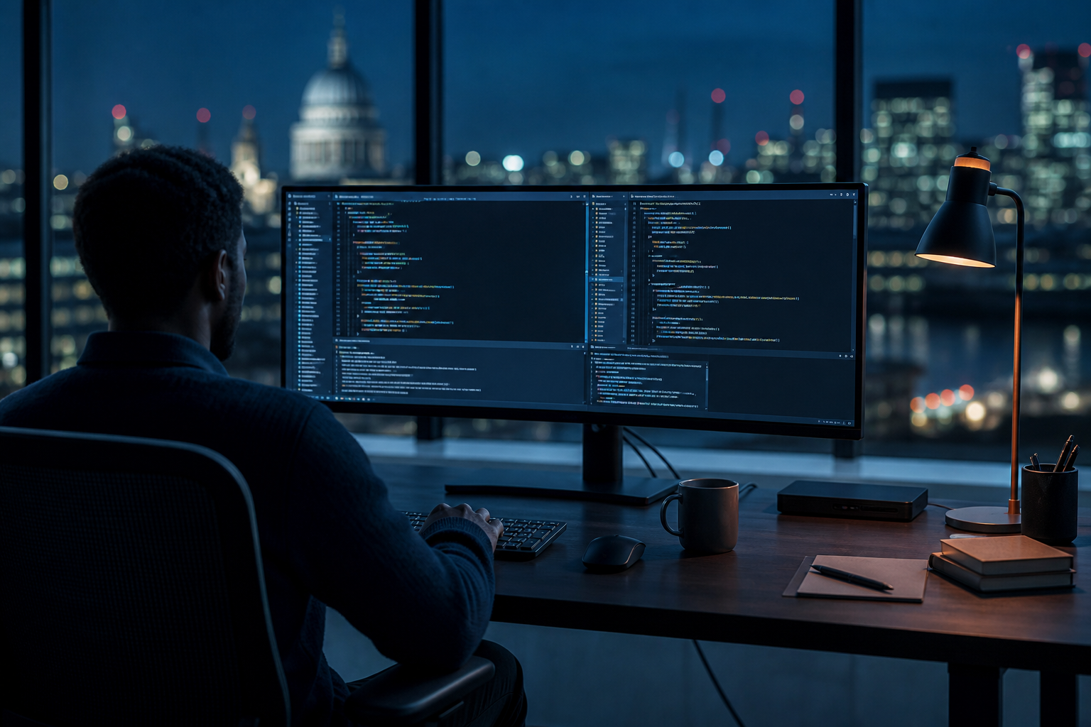 Engineering workstation with code on screen